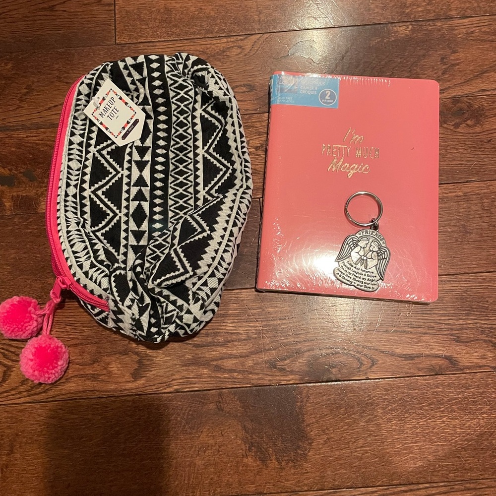 Bag, book, key chain